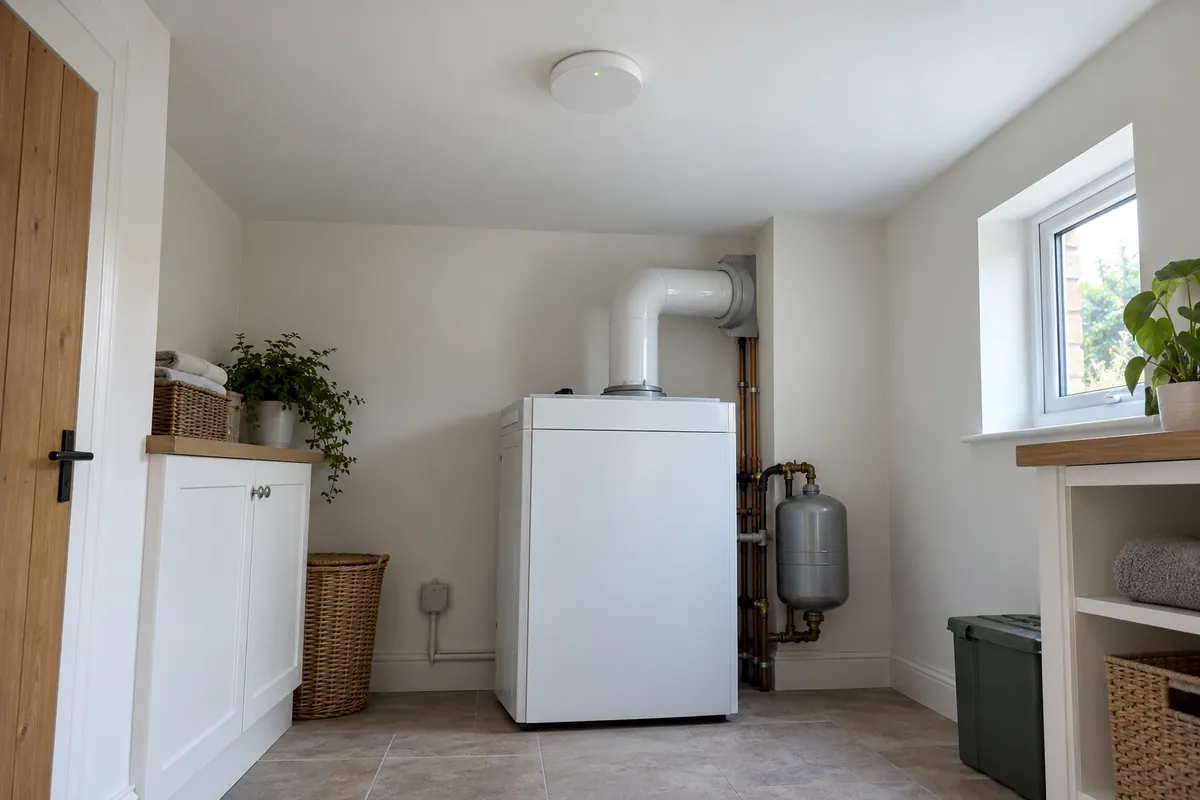 Carbon monoxide alarm on a utility room ceiling near a floor-standing oil boiler