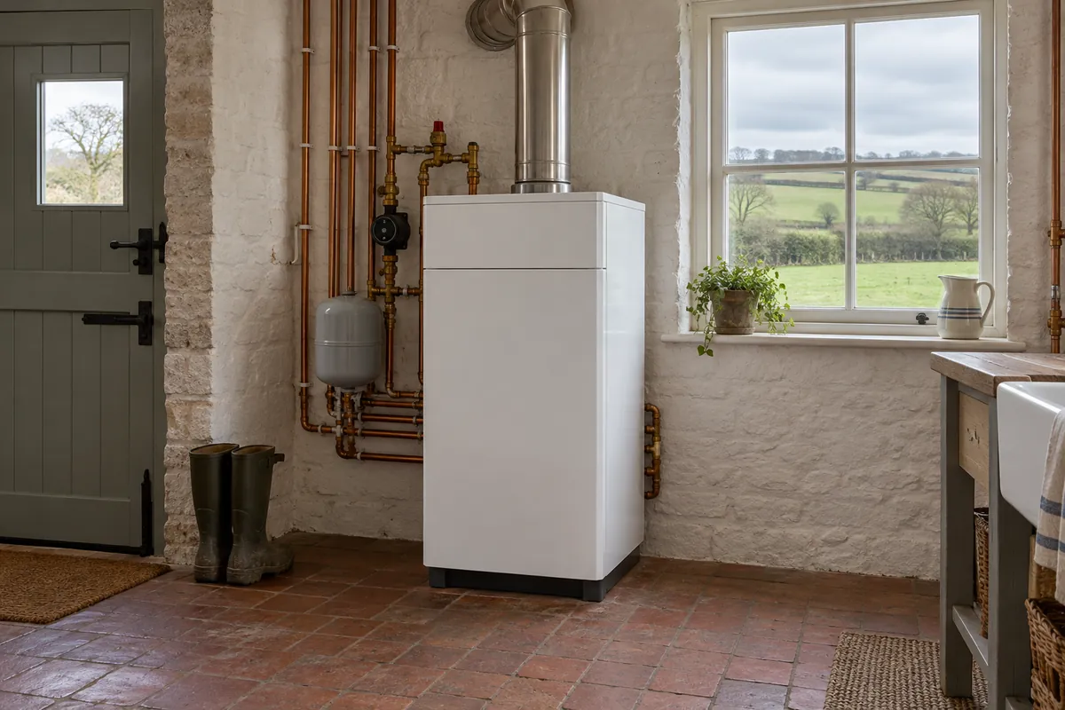 Oil boiler in a farmhouse utility room with a window looking out over fields