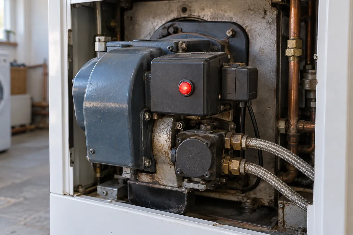 Red lockout reset button lit on the oil burner inside a floor-standing oil boiler