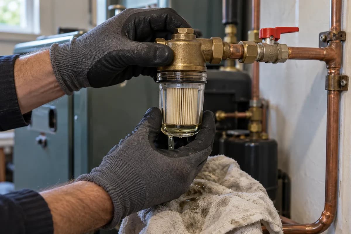 Engineer's gloved hands replacing the oil filter on an oil boiler's supply line