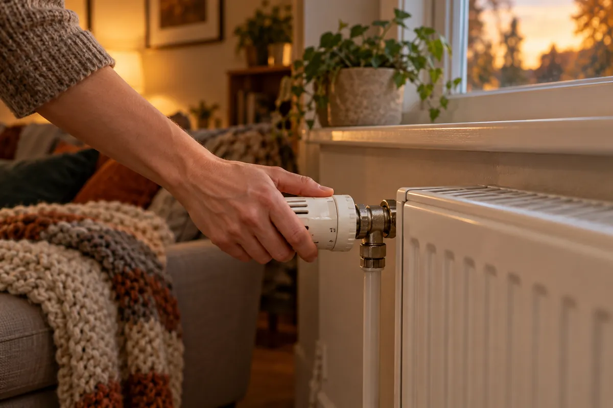 Hand turning down a thermostatic radiator valve on a radiator in a living room