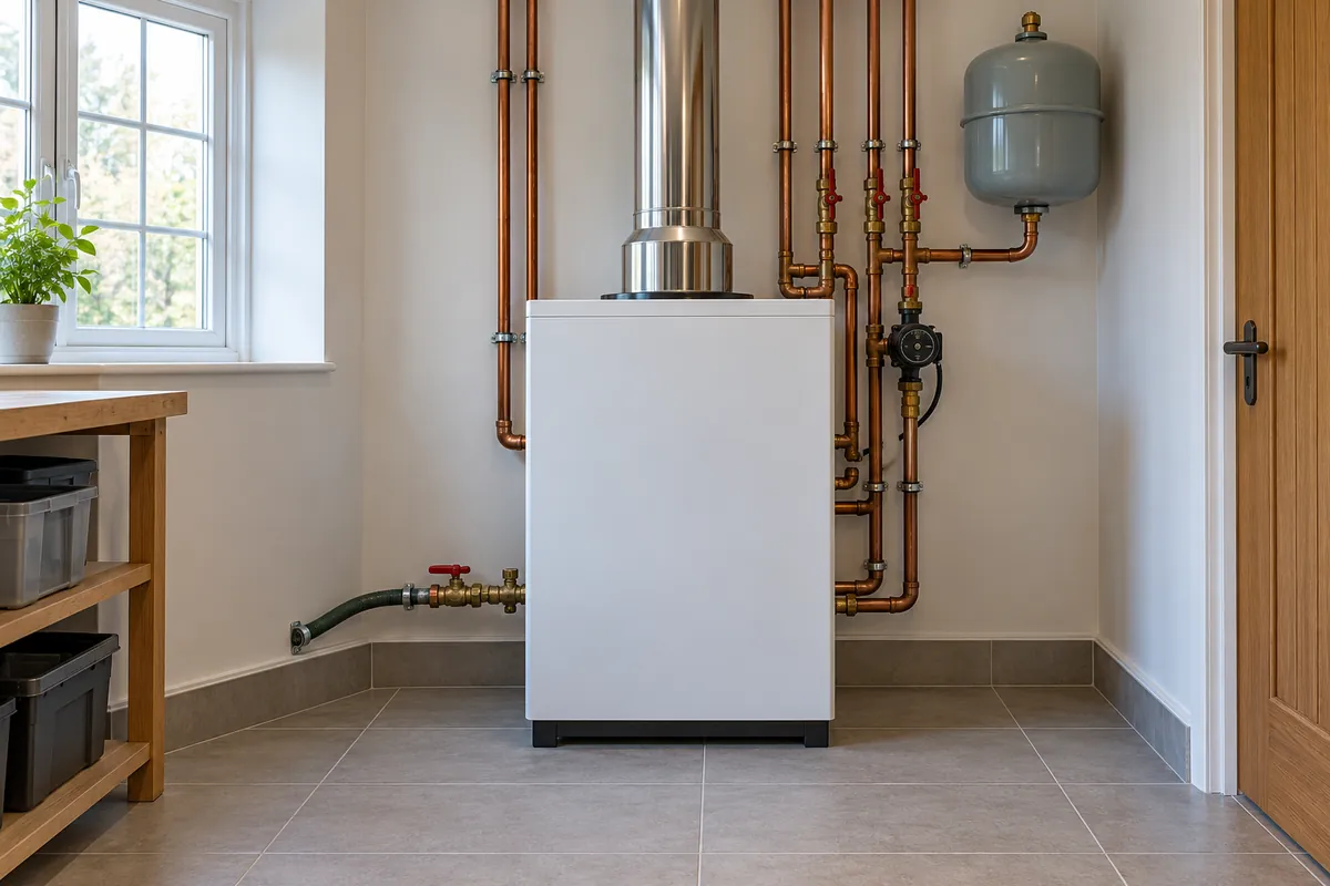 Newly installed floor-standing oil boiler with new copper pipework in a utility room